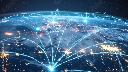 Earth Globe with Glowing City Lights and Network Connections over Dark Space Background Depicting Global Connectivity Technology and Communications