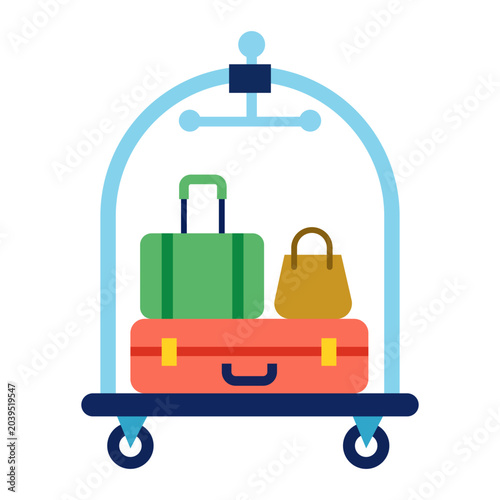 Hotel luggage cart luggage trolley carrying suitcases for travel check in service in modern flat vector style