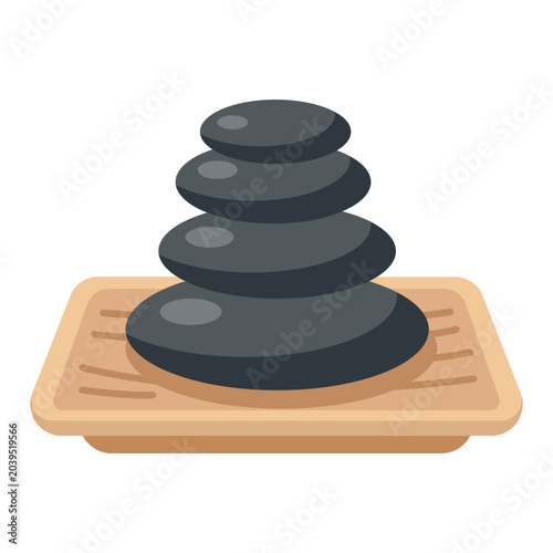 Stacked hot stones on a wooden tray for zen spa massage and body relaxation in modern flat vector style