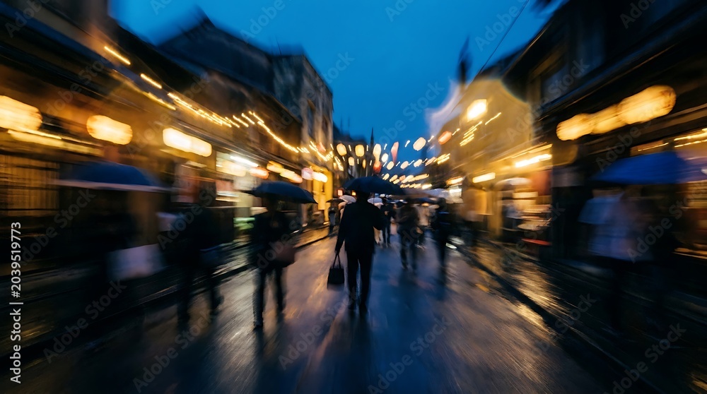 Fototapeta premium Rainy Night Street Scene People with Umbrellas Lit by Lanterns