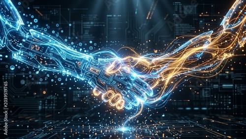 Abstract digital visualization of a B2B handshake between futuristic AI entities made of glowing light, symbolizing agentic artificial intelligence partnerships.