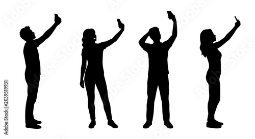 Foto Diverse Silhouettes Capturing Selfies with Smartphones, Modern Mobile Photograph