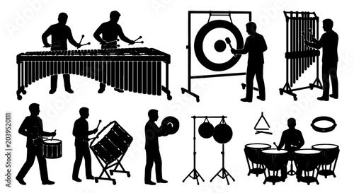 Fotografie Orchestral Percussion Instruments Silhouette Collection: Marimba, Xylophone, Gon