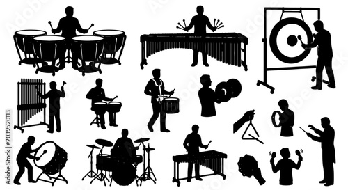 Obraz na płótnie Percussion Ensemble Silhouettes, Drum Kit, Marimba, Timpani, Gong, Musicians Pla