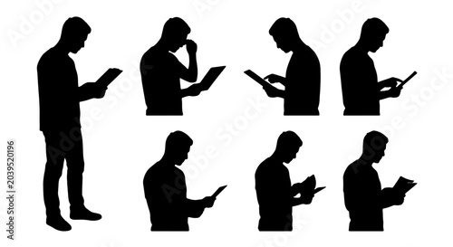 Tableau sur toile Silhouette Figures Reading Digital Devices, Diverse Poses Vector Set