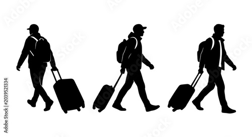 Vászonkép Silhouette Travelers with Rolling Luggage, Set of 3 Walking Figures, Airport and
