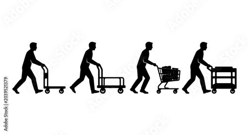 Tableau sur toile Evolution of Logistics: Silhouette Figures Pushing Various Carts, Trolleys, and