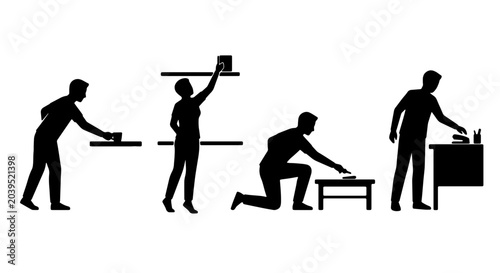 Tableau sur toile Home Cleaning Service Icons, Housekeeping Vector Silhouettes, Domestic Chores an