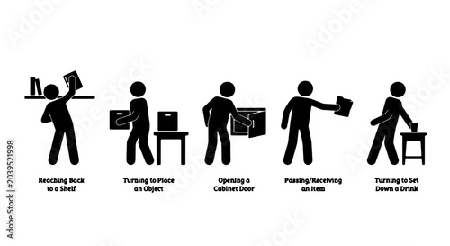 Tableau sur toile Stick Figure Actions Set: Reaching, Placing, Opening, Presenting, Sitting Down,