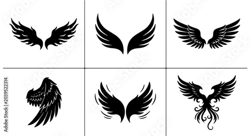 Photos Diverse Wing Icons Set, Black Silhouette Vector Graphics for Emblems and Logos,