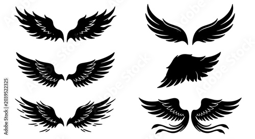 Bild auf Leinwand Black Angel Wings Vector Set, Feathered Wing Illustrations for Tattoo Design, He
