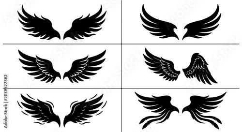 Foto Six Black Wing Icons Set, Angel Wings Vector Graphics, Stylized Feathered Wings