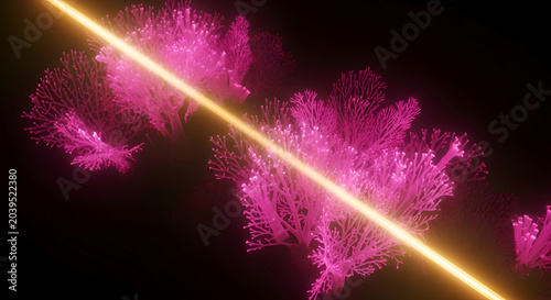 Neon pink coral branches illuminated by a bright yellow light beam against a dark background