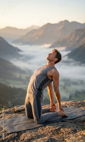 Man Practicing Ustrasana Camel Pose Near Mountains
