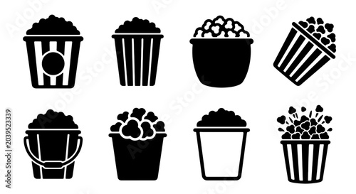 Foto Popcorn Bucket Icons Set, Cinema Snack Vector Graphics, Movie Theater Food Colle