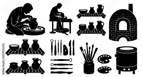 Obraz na płótnie Pottery Craft Set: Ceramic Artist at Wheel, Kiln, Tools, Vases, and Supplies Vec