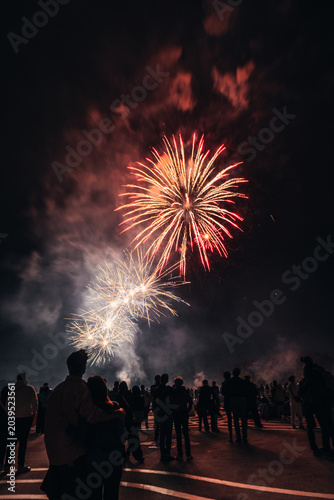 Fotografía Feu d'artifice multicolore et foule de spectateurs, fête nationale à Lille