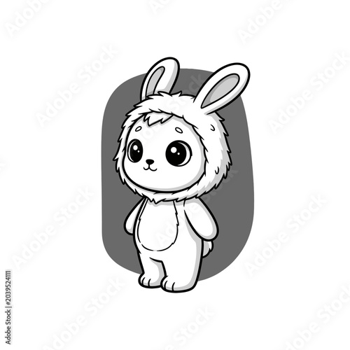 A cute cartoon illustration of a small white rabbit character standing alone