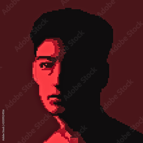 Schilderij op canvas Pixelated close-up portrait of a young person with melancholic expression, 8-bit