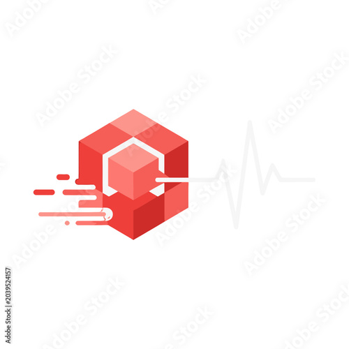A red geometric cube icon with a motion effect and pulse line