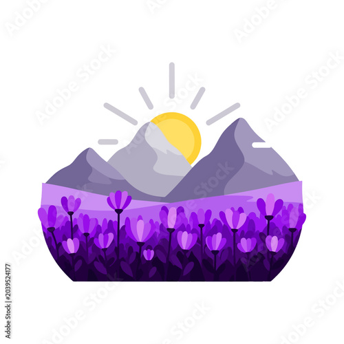A vibrant field of purple flowers beneath a bright sunny mountain