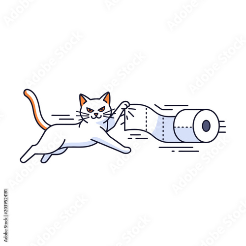 A playful white cat running and pulling a roll of soft bathroom tissue paper
