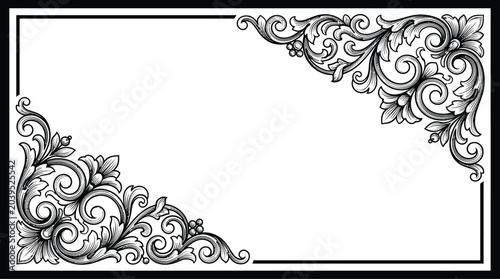 Black and white ornate corner flourishes with scrollwork and berry accents, forming a decorative border