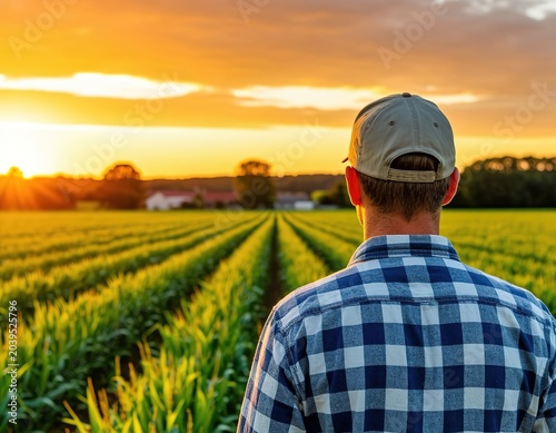 A male farmer in a plaid shirt and cap looks at a green field of wheat.