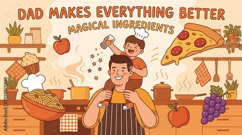 Dad and son cooking together in kitchen with magical ingredients
