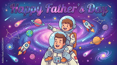 Happy Father's Day cartoon astronaut father and son in space