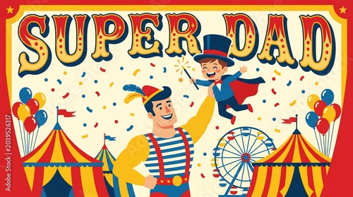Super Dad circus banner with clown and child in carnival