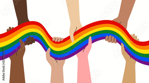 Diverse hands holding rainbow ribbon for lgbtq pride and equality concept