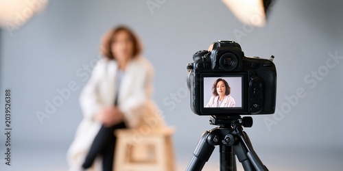 Dslr camera displaying woman being filmed in studio, creating digital video content for online platform, tutorial, or interview
