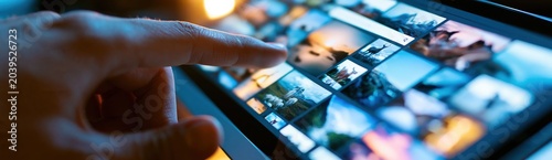 Hand Pointing at Stock Photo Search Screen on Digital Monitor. Concept of digital photography search, online image library and visual content browsing
