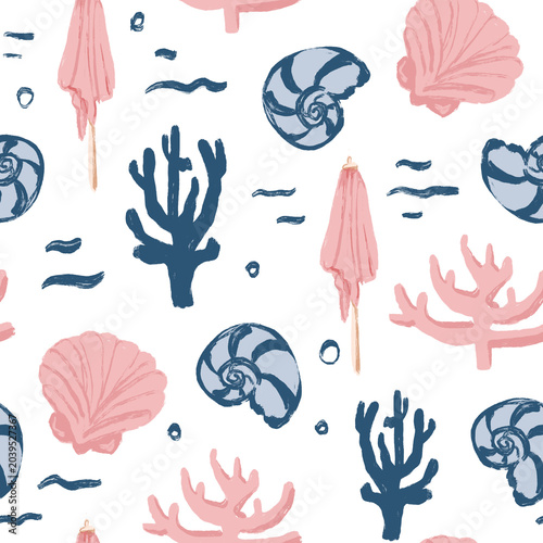 seamless marine pattern shells, algae