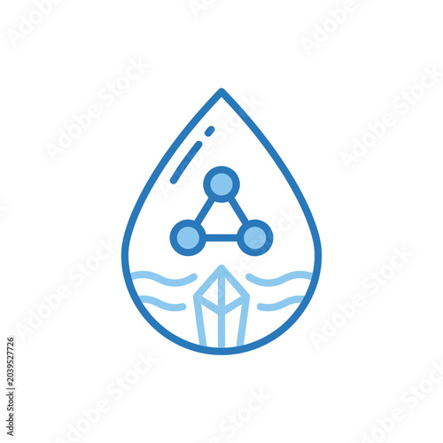 Water drop icon containing molecule and crystal structures.
