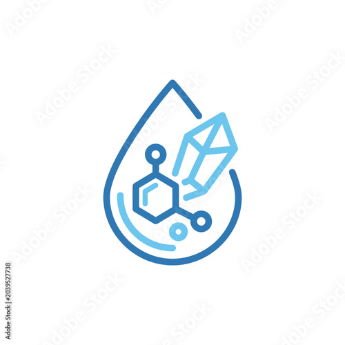 Water drop containing molecule and crystal icon.