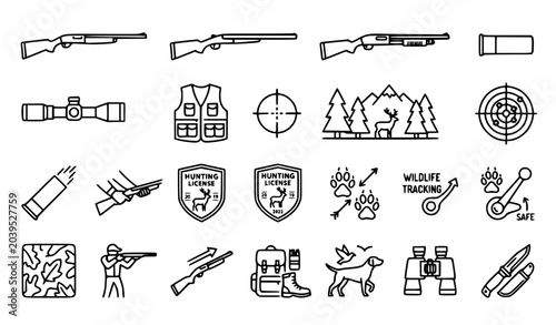 Canvas Print Hunter Shotgun 20 Outline Icons Set with Hunting Firearm Gear Outdoor Shooting a