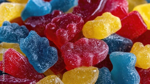 Close-up of colorful gummy bear candies in a pile.