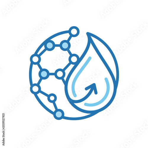 Water drop inside a molecular lattice with arrow icon.