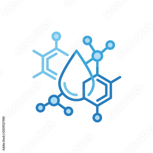 Water drop surrounded by chemical molecular structures icon.