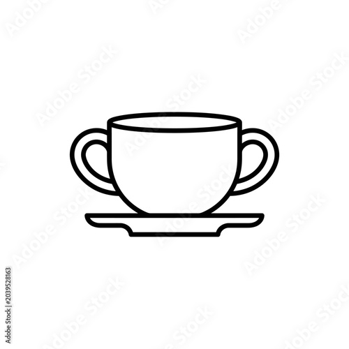Wide coffee cup with handles and saucer icon.