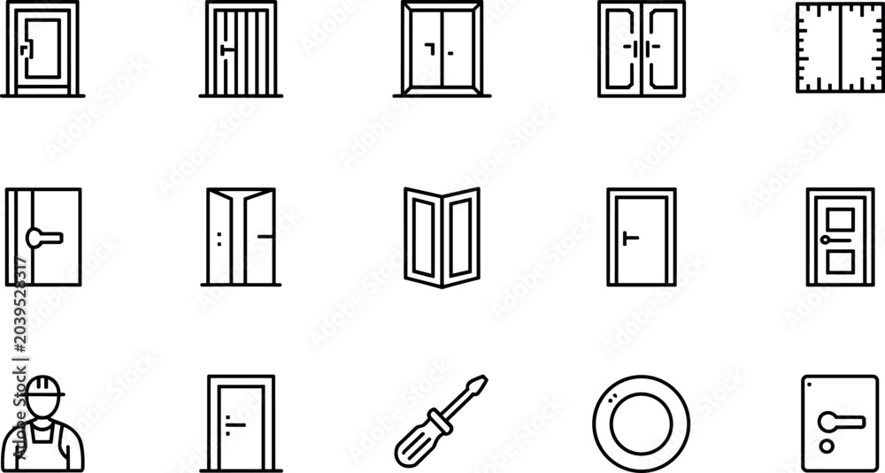 Obraz premium Door and Entrance Icon Set in Line Style Editable Stroke Collection for Construction Security Home Interior Architecture Access and Repair Services Design