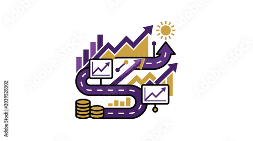 Winding road path to financial success with charts icon.