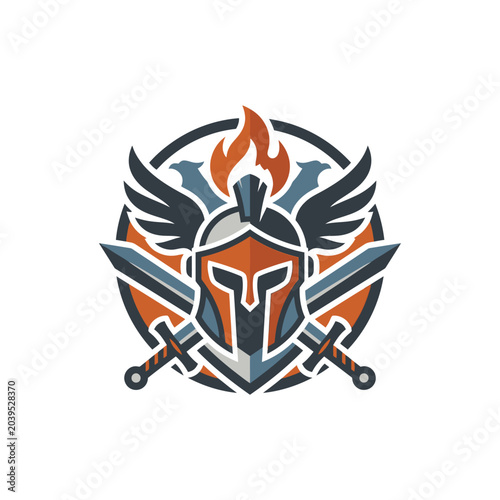 Winged spartan helmet crest with crossed swords and fire.