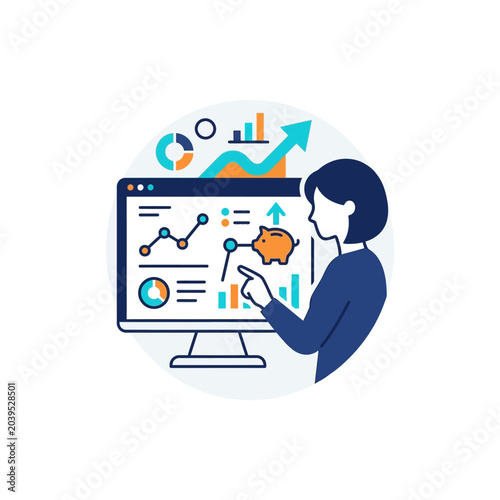 Woman analyzing financial data on computer screen with piggy bank.