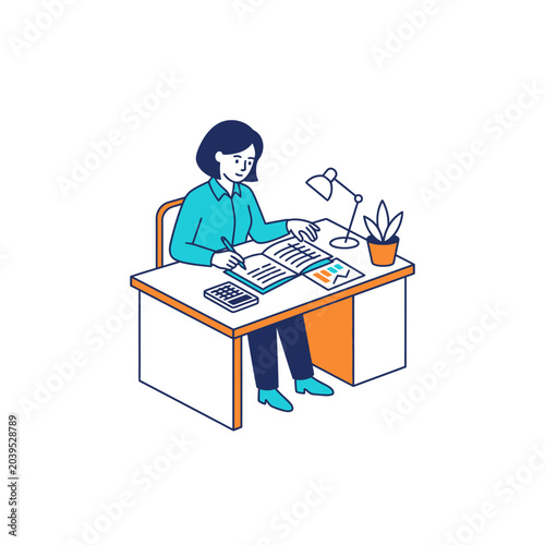 Woman performing accounting tasks at a desk.