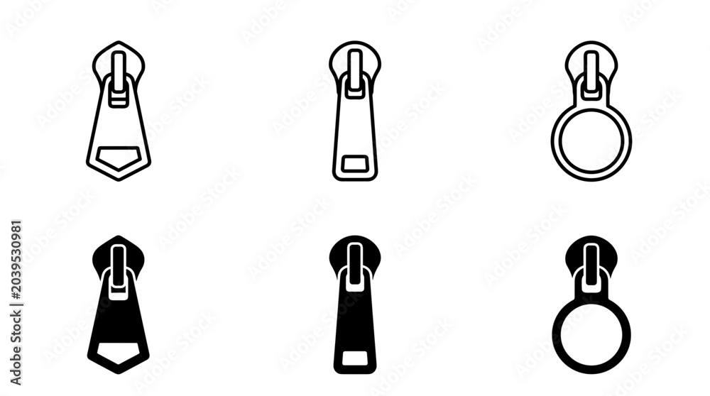 Fototapeta premium Clothing zipper sliders and pull tabs vector icon set containing linear outline and black solid silhouette styles for fashion design
