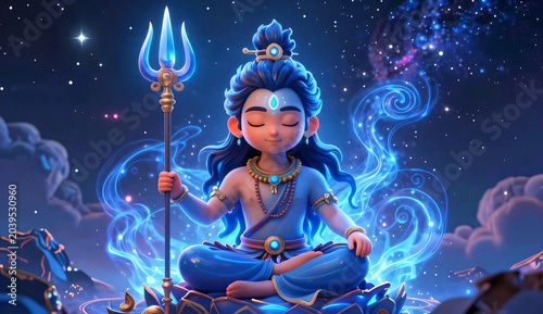 Mythical Warrior Meditating in Cosmic Fantasy Realm with Trident and Magic Aura