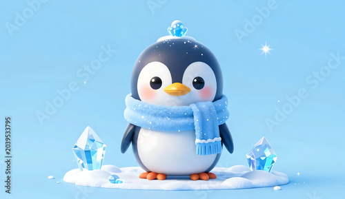 Adorable Baby Penguin Wearing Winter Scarf in Snowy Arctic Landscape with Falling Snowflakes